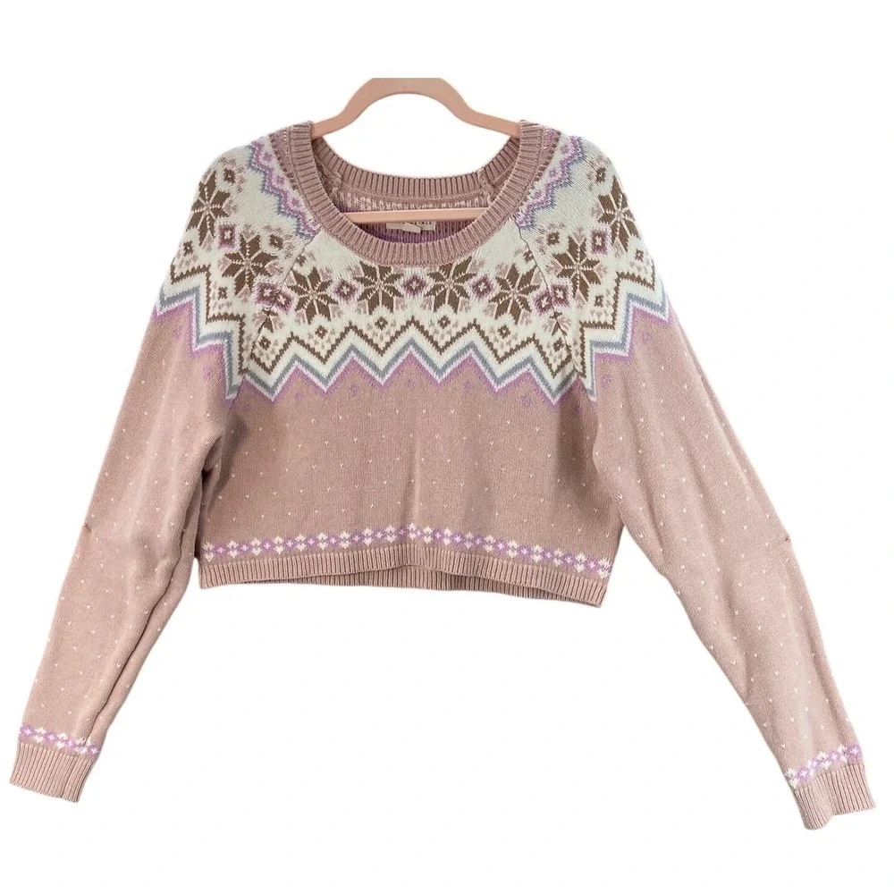 Aeropostale Fair Isle Sweater Womens XL Pink Cropped Snowflake Knit Scoop Neck